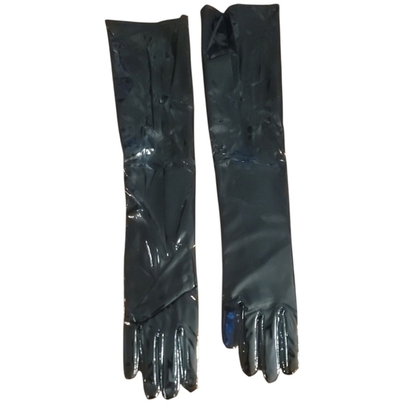 Elegant Black faux patent Leather opera Gloves costume performance nwt - Picture 3 of 3